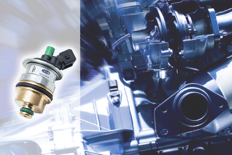 Image d'un injecteur GPL Magneti Marelli Parts & Services pour véhicules GPL à gauche et d'un moteur générique à droite. L'injecteur représente la nouvelle gamme de composants dédiés aux véhicules GPL.