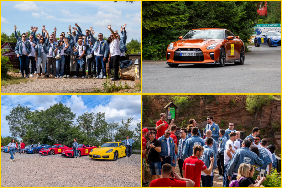 Collage présentant quatre moments du voyage incentive à Prague avec des partenaires français, incluant des activités de groupe et une expérience de conduite.