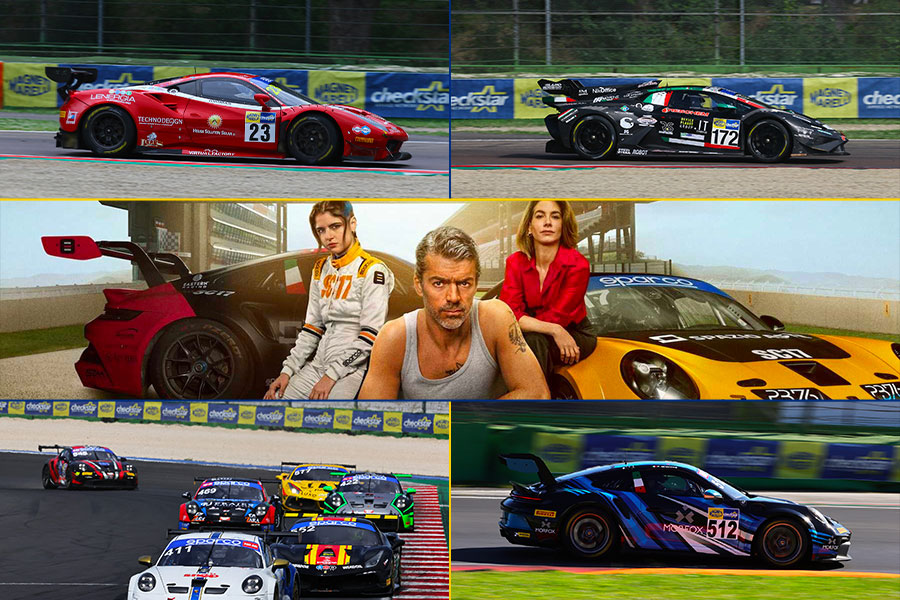 Magneti Marelli Checkstar dans la série Netflix Motorvalley : logo visible sur les voitures GT pendant les courses du championnat italien et les protagonistes Luca Argentero, Giulia Michelini et Caterina Forza